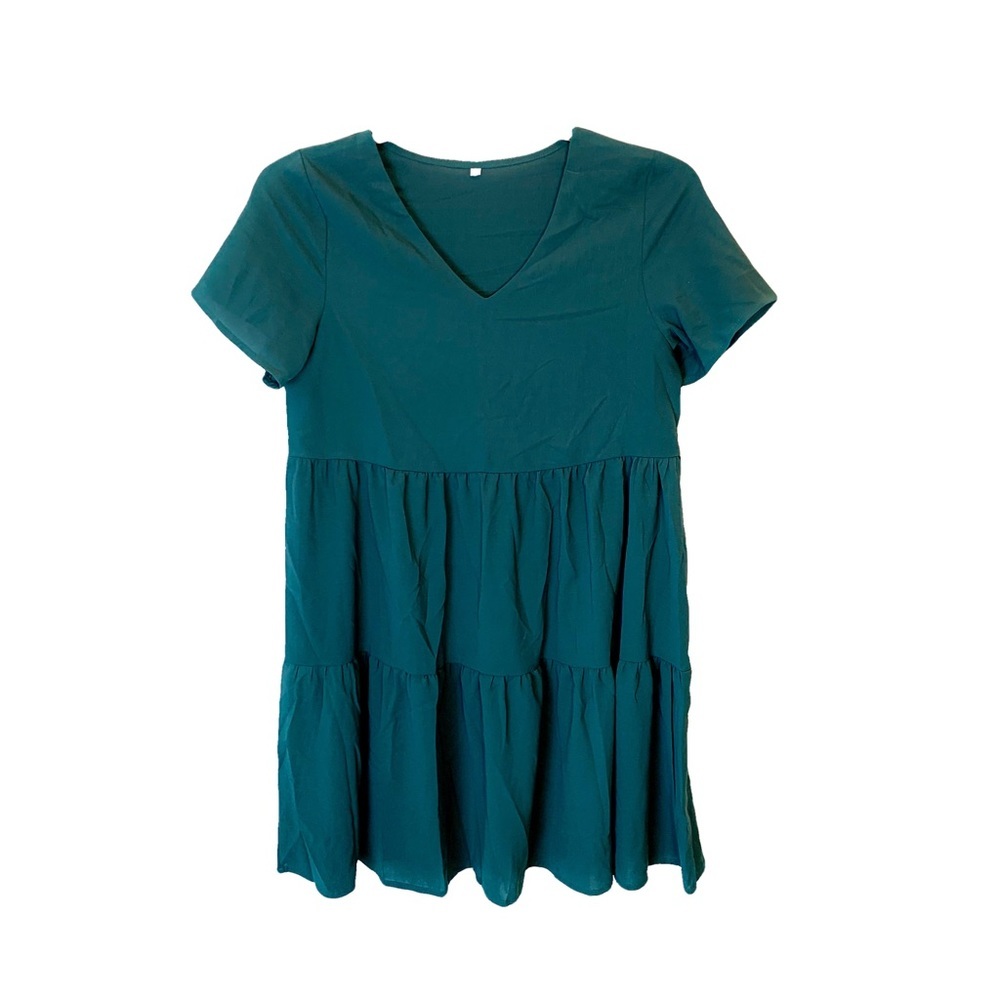 Teal v neck tiered flouncy shift dress small